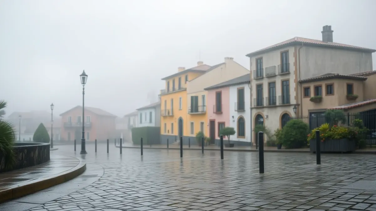 Imagen genérica de un pueblo canario con niebla y lluvia ligera.