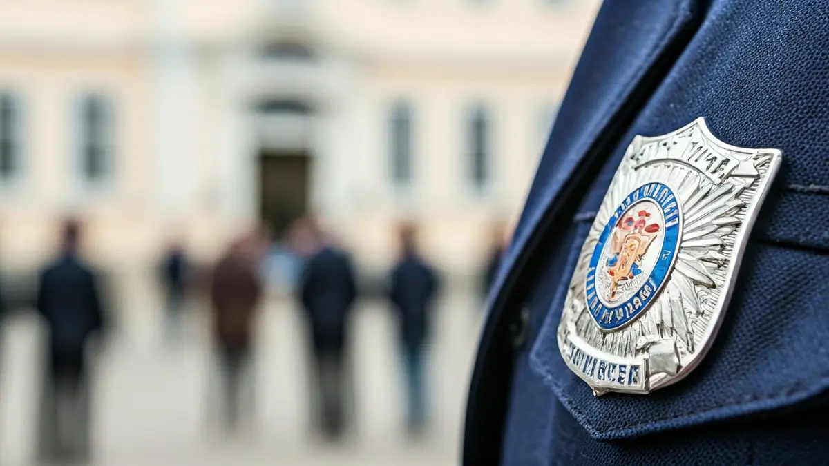 Imagen genérica de una placa de policía local, con un edificio municipal difuminado al fondo.