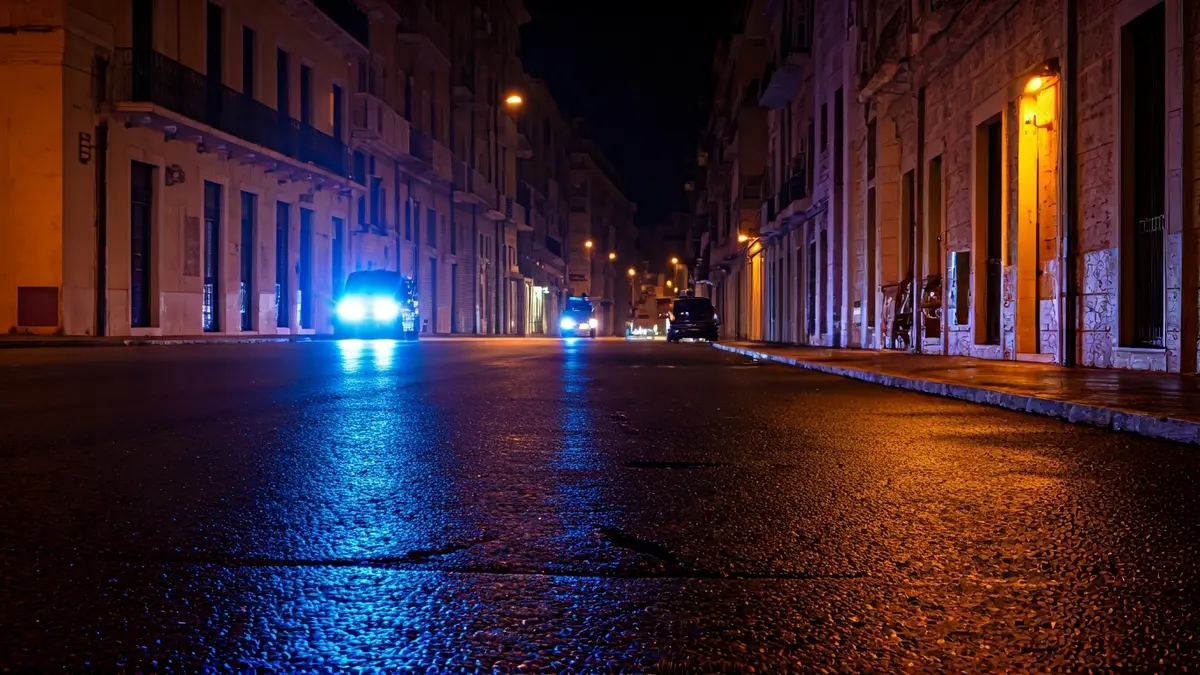 Generic image of emergency lights reflecting on wet asphalt at night.