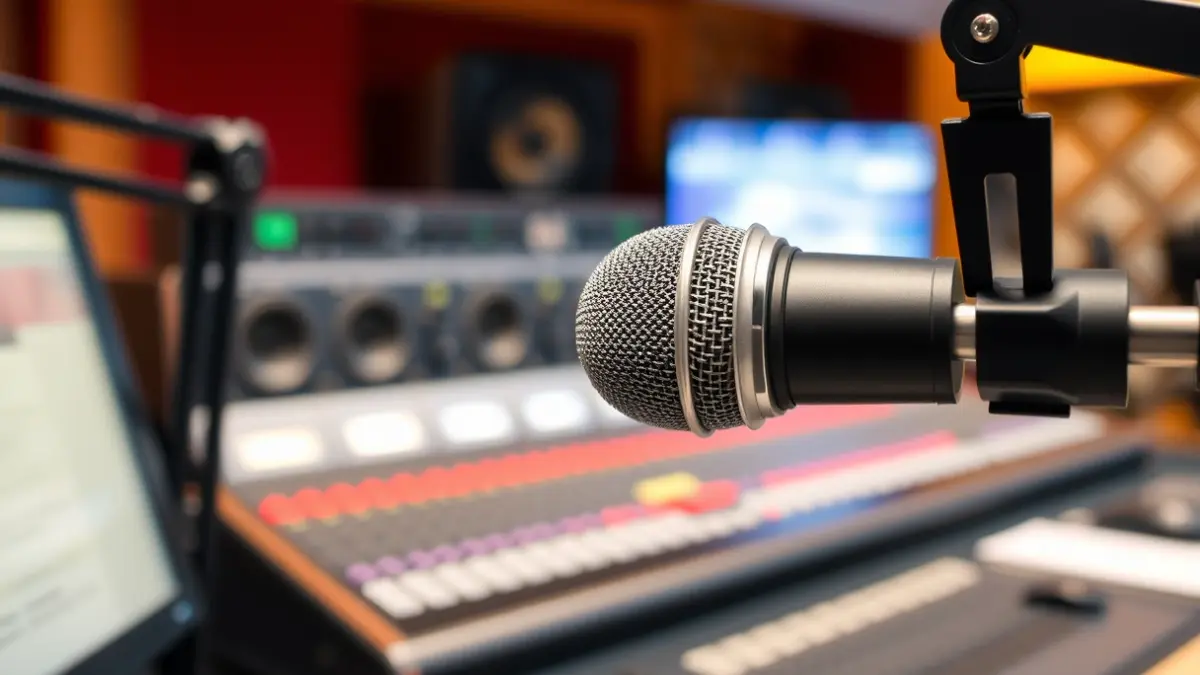 Generic image of a microphone in a radio studio.