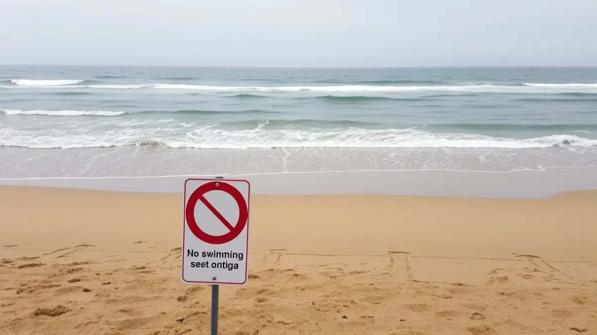 Image of a beach with a no swimming sign, reflecting the contamination situation.