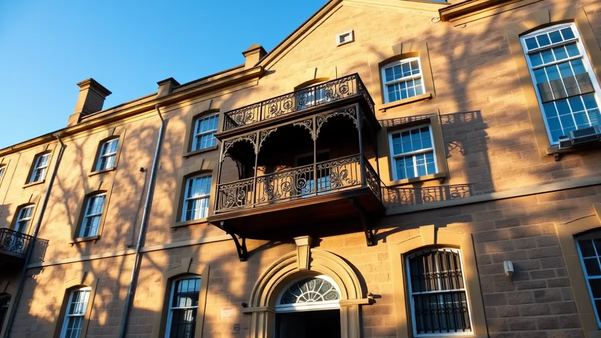 Stone town hall facade with balcony and iron railings, under warm afternoon sunlight.