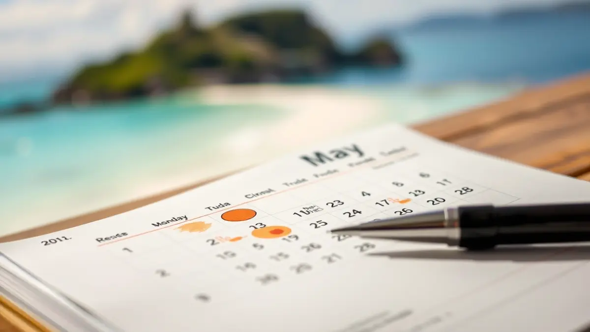 Generic image of a calendar with May dates highlighted and a sunny island landscape in the background.