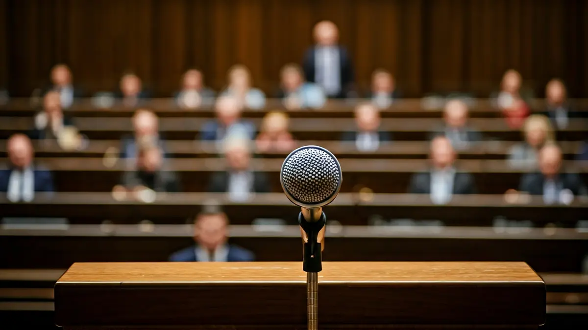 Imagen genérica de un micrófono en un atril durante una sesión parlamentaria.