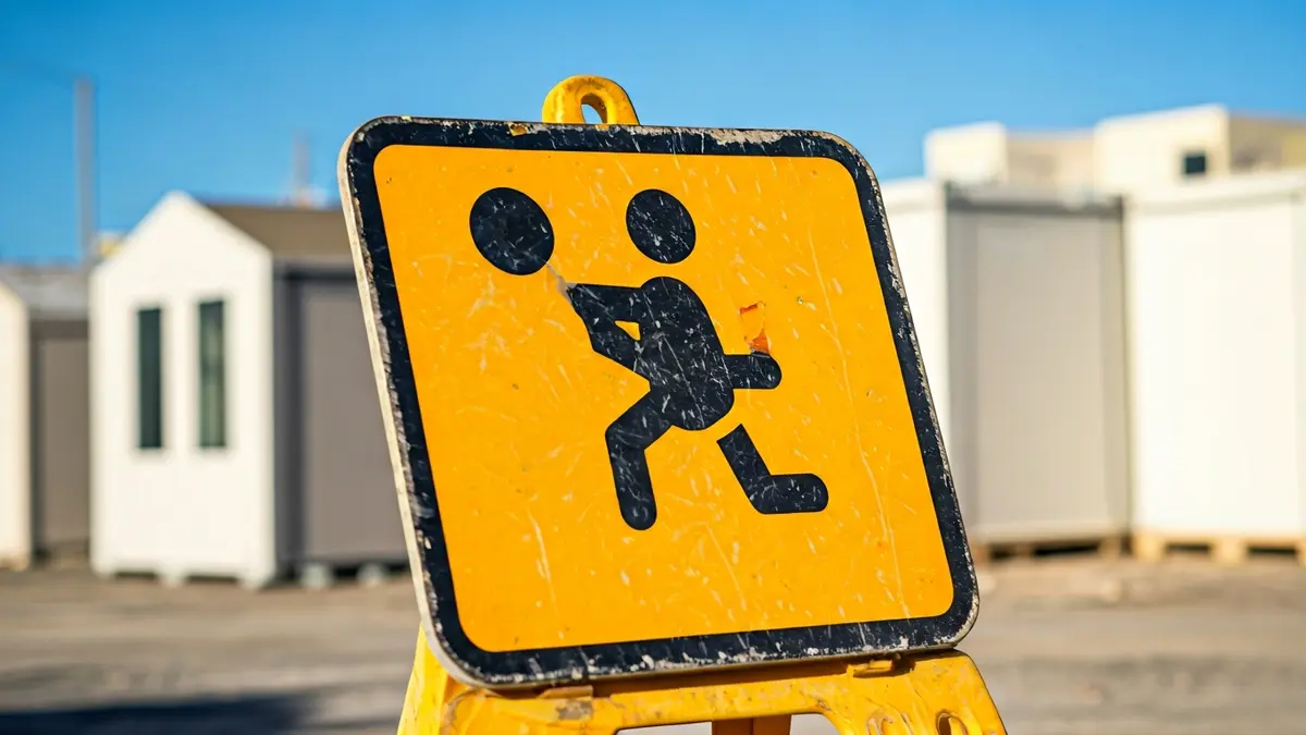 Señal de advertencia en una obra con casas modulares al fondo, bajo el sol de Canarias.