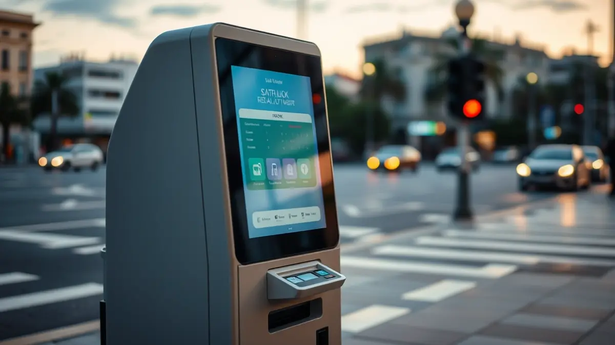 Generic image of a municipal self-service kiosk in an urban setting.