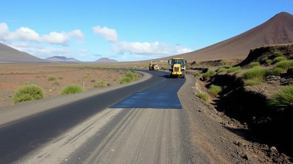 Obras de asfaltado en un camino rural de Fuerteventura.