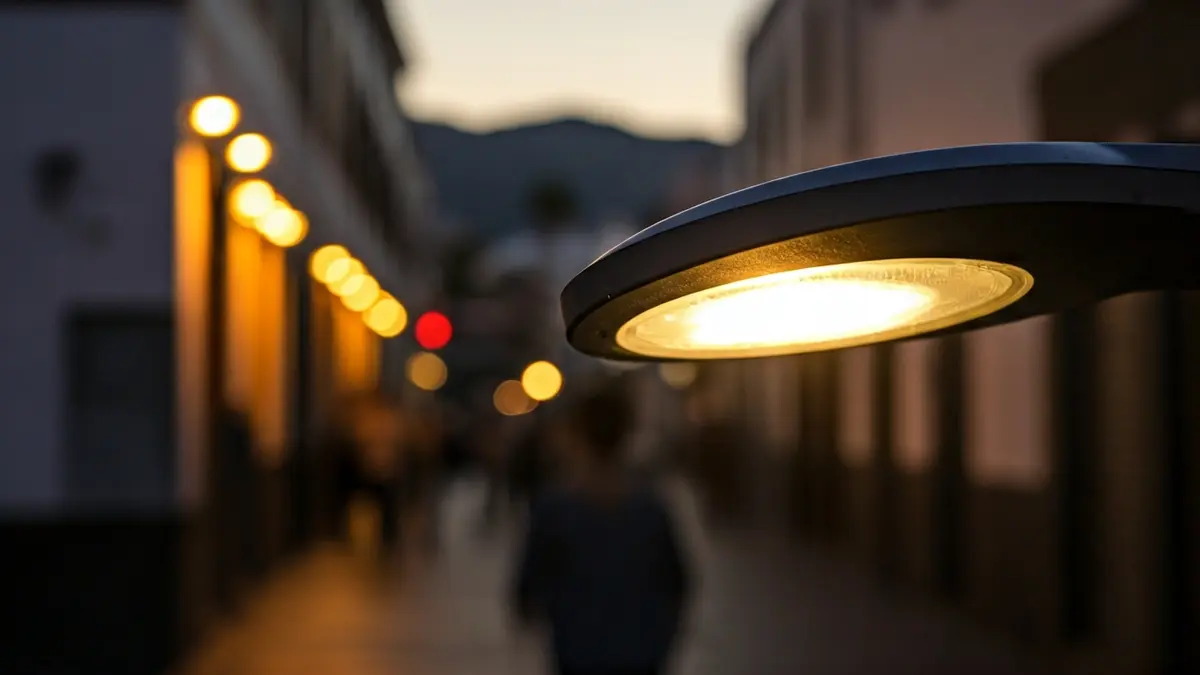 Imagen genérica de una luminaria LED moderna en una calle al anochecer.