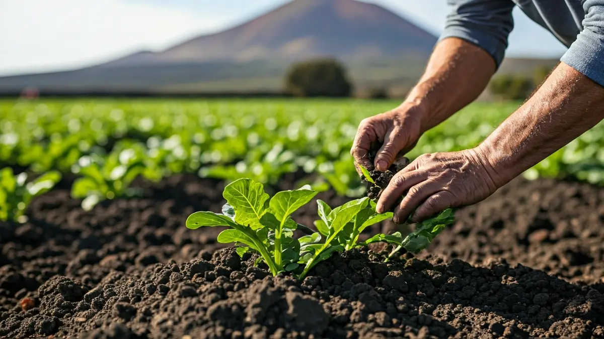 Image of farmer's hands working in a field with a volcanic landscape in the background.