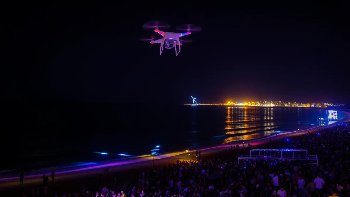 Espectáculo de drones iluminando el cielo nocturno sobre una playa concurrida en Canarias.