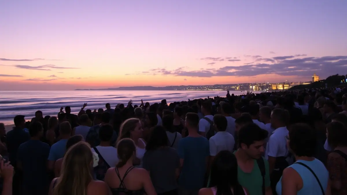 Image of a crowd on a beach at sunset, looking towards the sea, with an atmosphere of anticipation.
