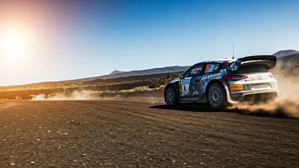 Imagen de un neumático de coche de rally levantando polvo en una pista de tierra.