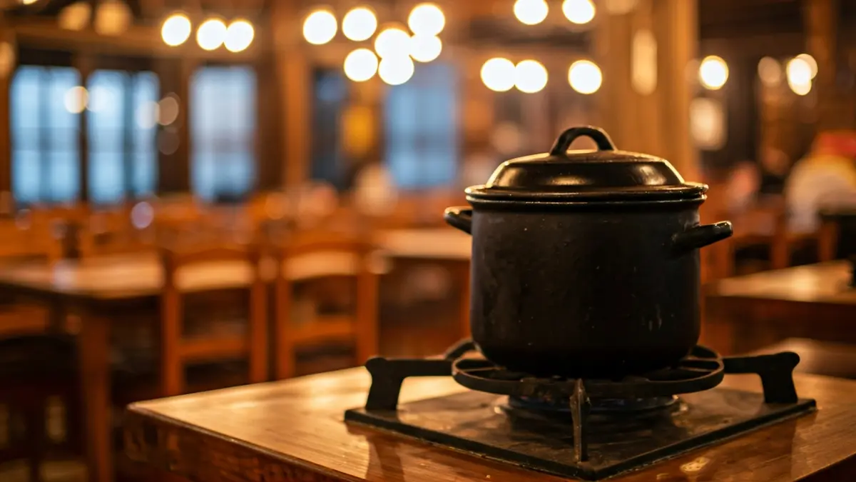 Interior of a traditional Canarian guachinche with a cooking pot on the stove.