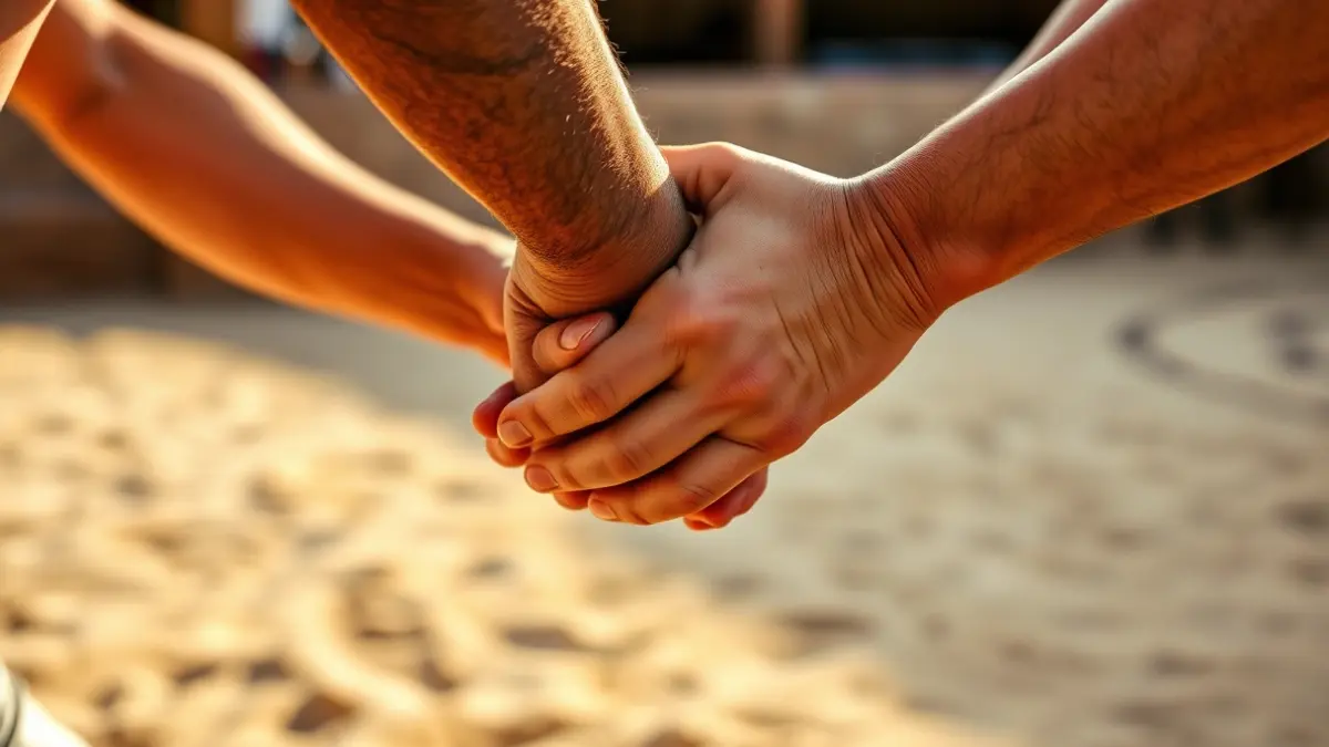 Image of two Canarian wrestlers in action, with hands intertwined and sandy ground.