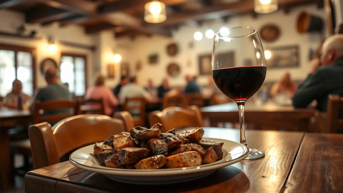 Image of a traditional Canarian guachinche with food and drink.