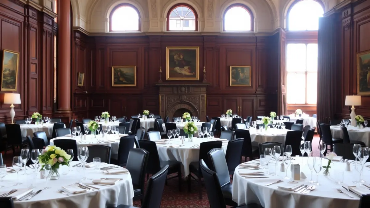 Imagen de un salón de eventos elegante preparado para un almuerzo de premios.