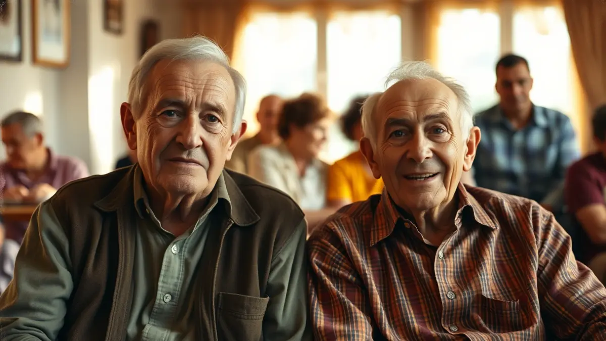 Image of two elderly brothers reuniting after many years.