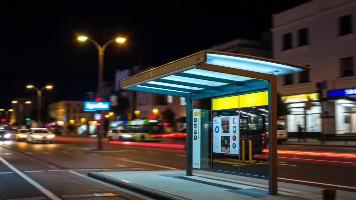 Imagen genérica de una parada de autobús moderna en una ciudad de Canarias por la noche.