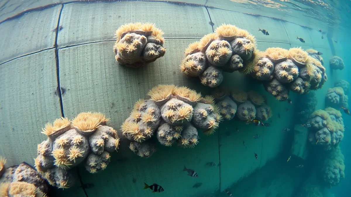 Underwater biomimetic structures in the Port of Las Palmas, with diverse marine life.
