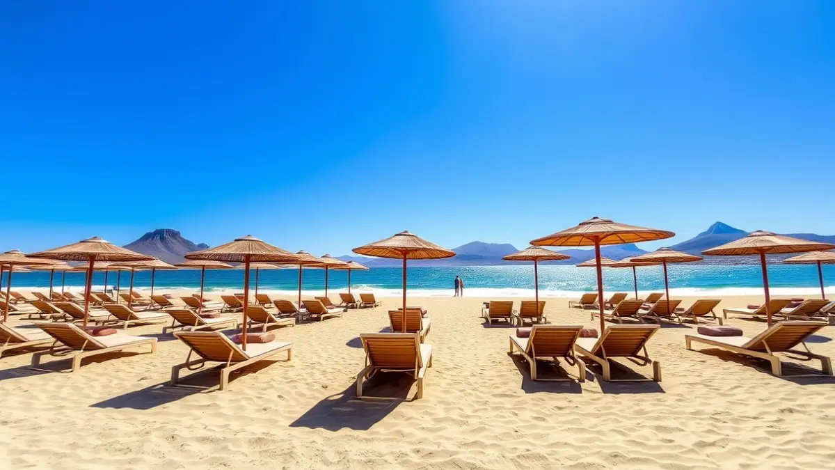 Sun loungers and parasols on a beach in Costa Teguise