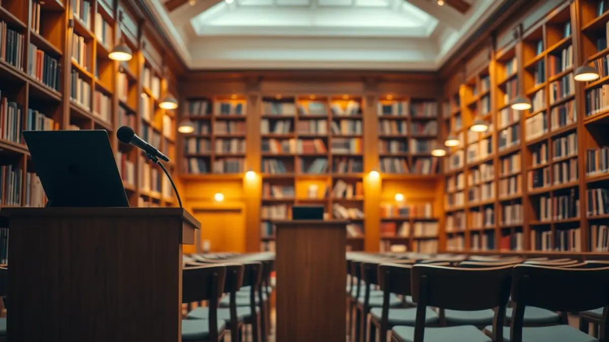 Imagen genérica de un escenario de teatro o sala de actos con un micrófono y sillas vacías.