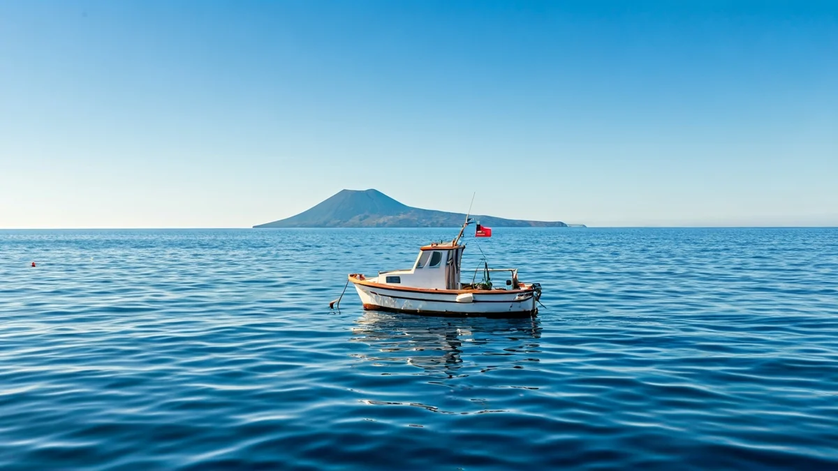 Imagen genérica de una pequeña embarcación en el mar con una isla volcánica al fondo.