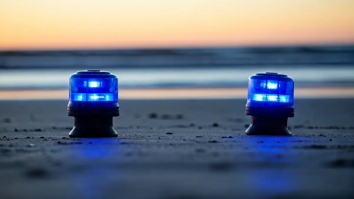 Imagen genérica de luces de emergencia reflejadas en la arena de una playa al atardecer.