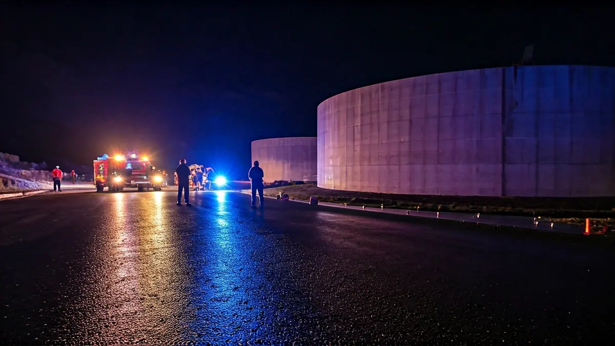 Imagen de luces de emergencia reflejadas en el asfalto mojado durante un rescate nocturno en Tenerife.