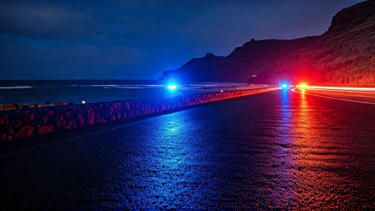 Generic image of emergency lights reflecting on wet asphalt in a coastal area of Gran Canaria.