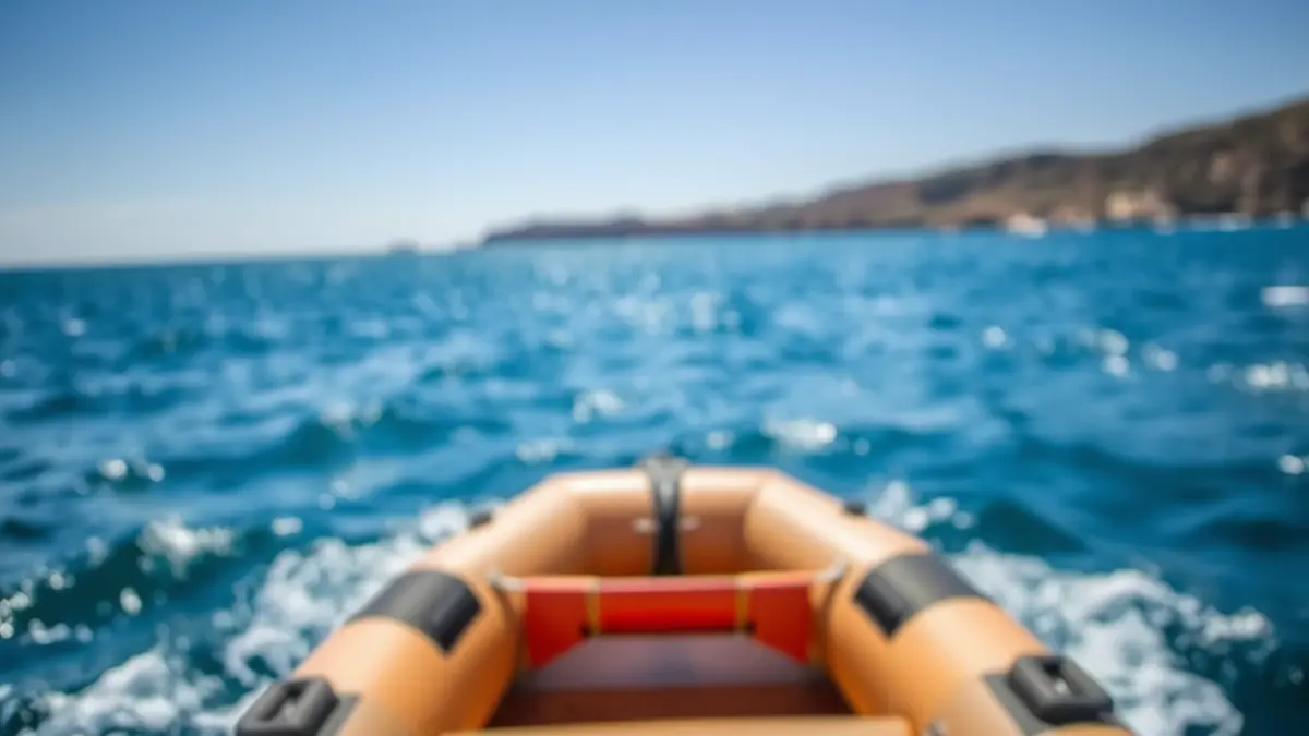 Imagen de una pequeña embarcación inflable a la deriva en el mar, con la costa al fondo.