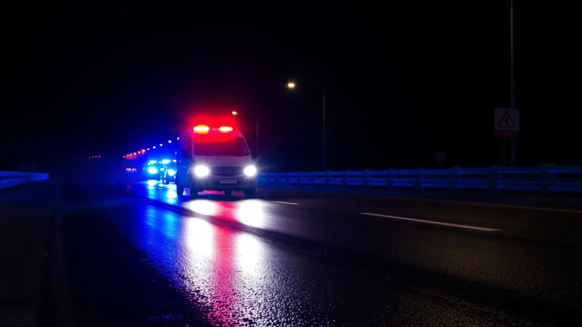 Generic image of emergency lights reflecting on wet asphalt.