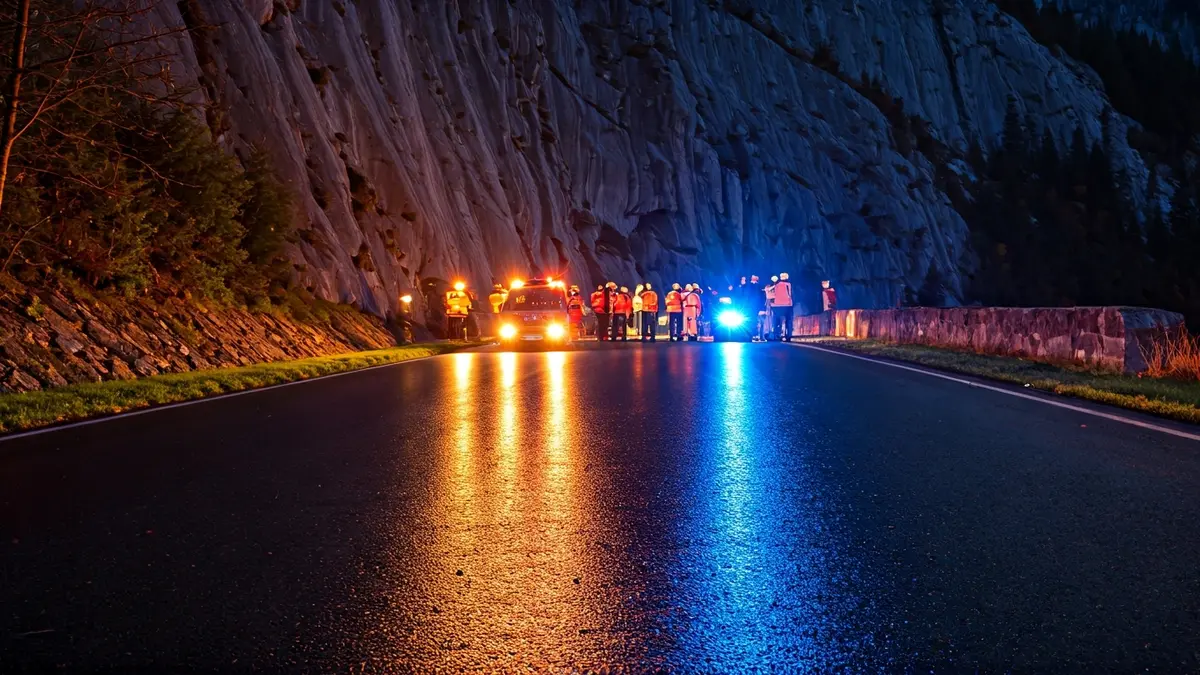 Imagen de luces de emergencia reflejándose en el asfalto mojado al anochecer, con siluetas borrosas de personal de rescate y un barranco rocoso al fondo.