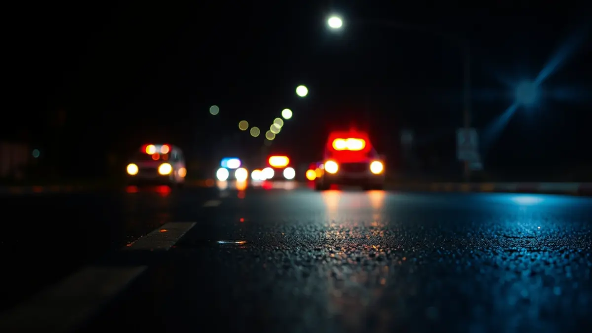 Imagen genérica de luces de emergencia reflejándose en el asfalto mojado por la noche, sin vehículos visibles.