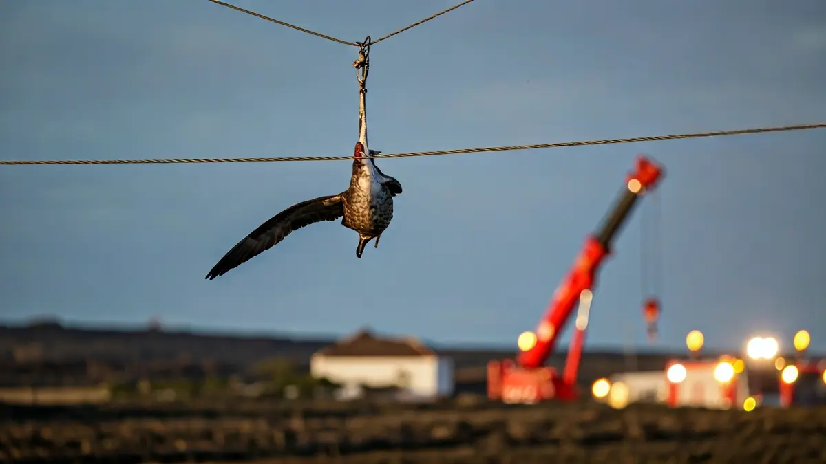 Imagen de una pardela atrapada en un tendido eléctrico, con una grúa de rescate al fondo.