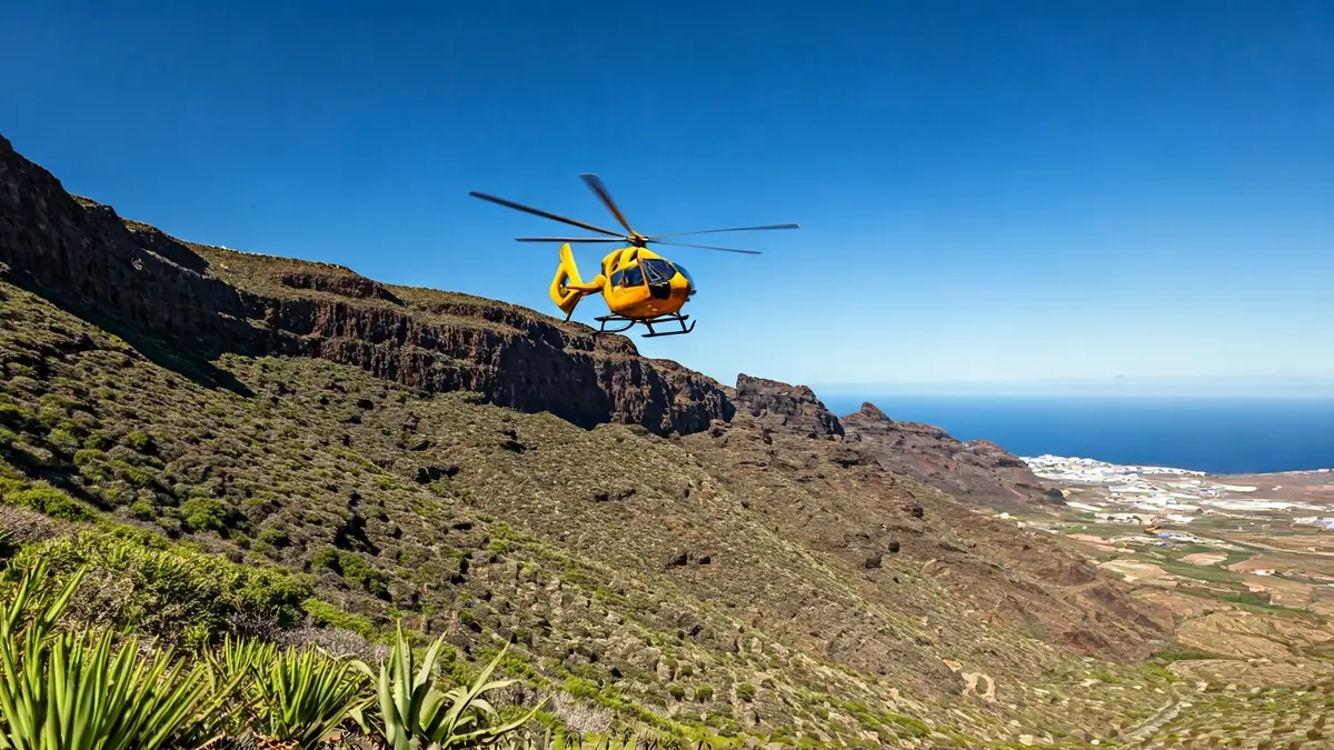 Helicóptero de rescate sobre un barranco en las Islas Canarias.