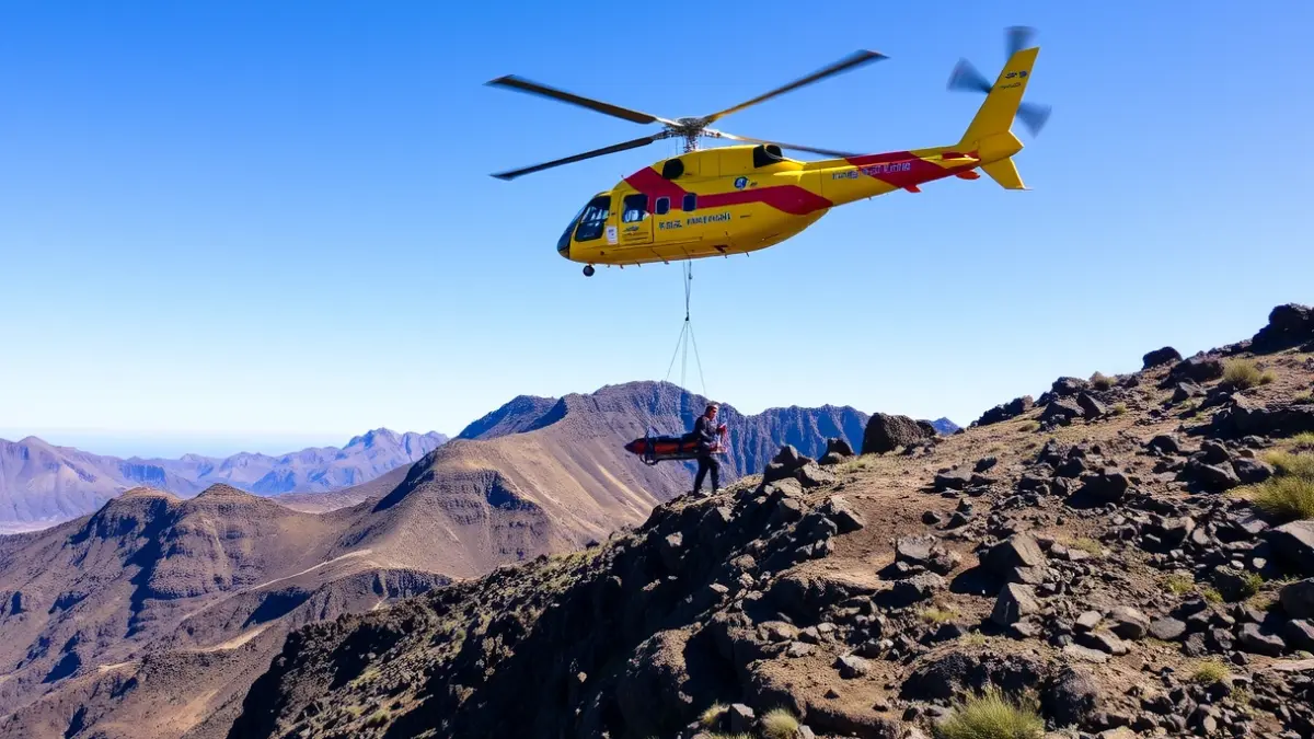 Rescue helicopter flying over a mountainous area in Gran Canaria.