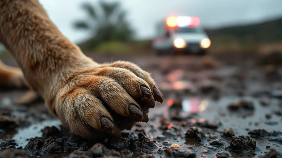 Image of a dog's paw on wet ground, with blurred emergency lights in the background.