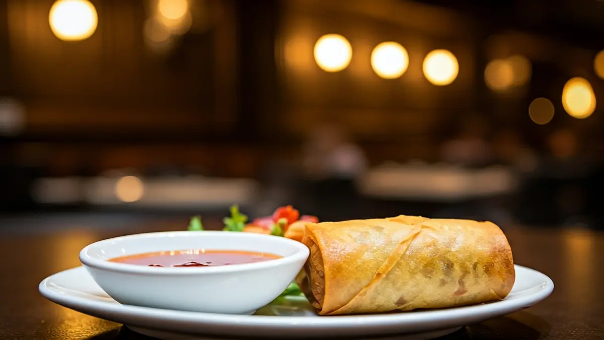 Imagen genérica de un rollito de primavera con salsa agridulce.