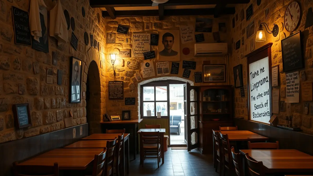 Interior of a traditional Canary restaurant with walls covered in customer messages.