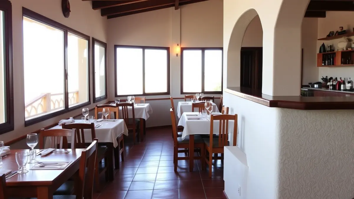 Interior of a traditional Canarian restaurant with sea views.