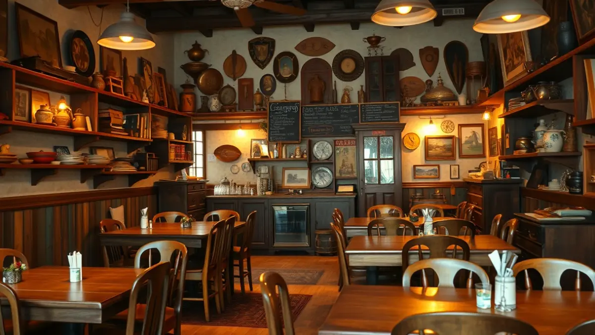 Interior de un restaurante rústico con antigüedades y ambiente acogedor.