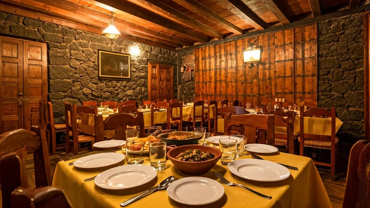 Interior de un restaurante canario tradicional con platos típicos como puchero y carne a la brasa.