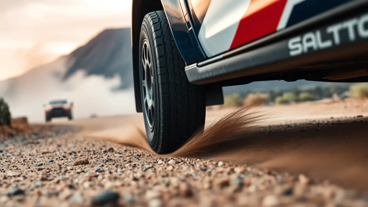 Image of a rally car tire on a dirt road in Gran Canaria.