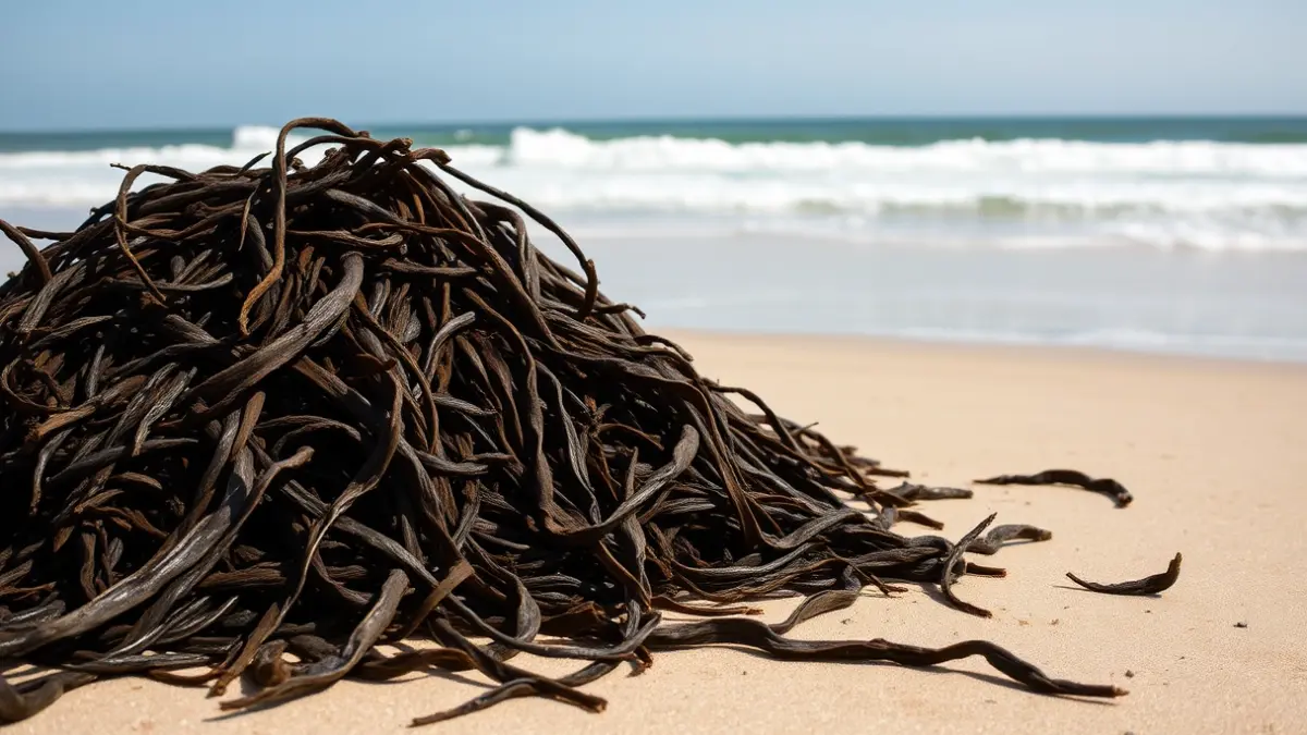 Generic image of a large amount of seaweed accumulated on a sandy beach.
