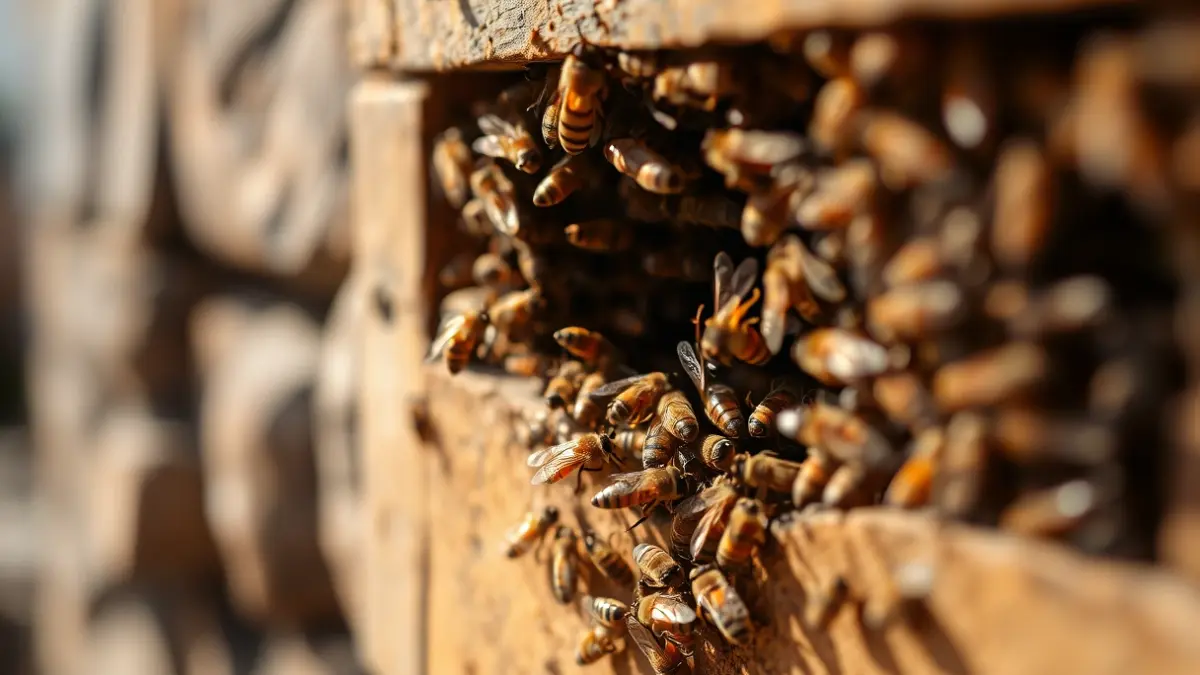 Image of a bee swarm on a stone wall.