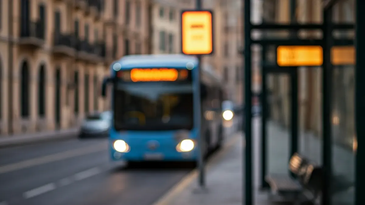 Imagen de una señal de parada de autobús inhabilitada, con un autobús al fondo.