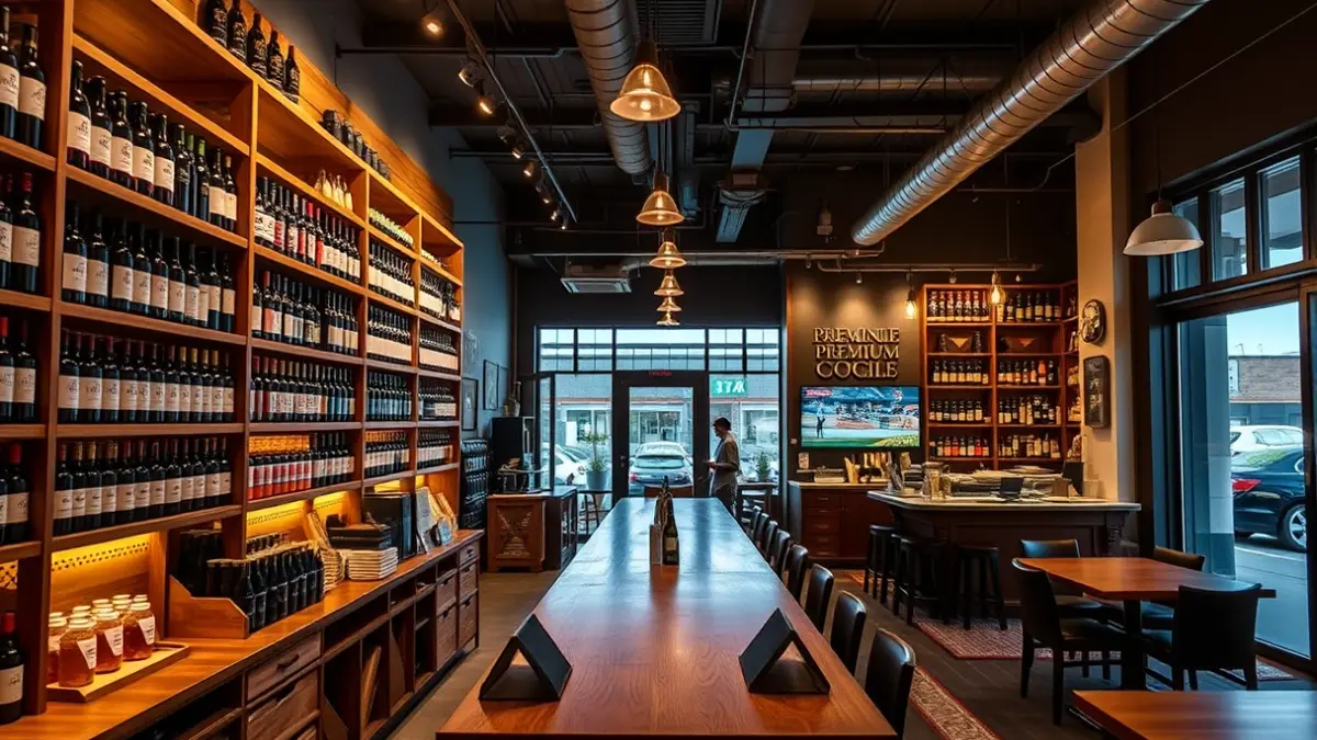 Interior of a gourmet space with shelves full of select products and a bar.