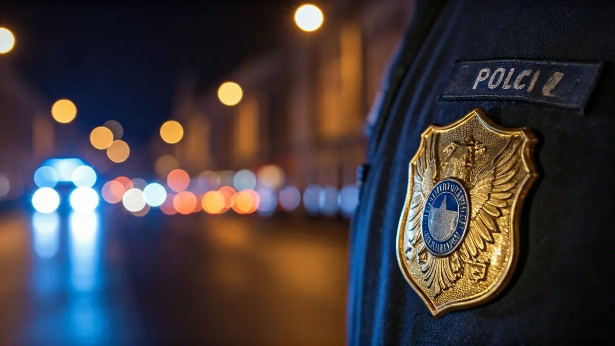 Imagen genérica de una placa de policía con luces de emergencia al fondo.