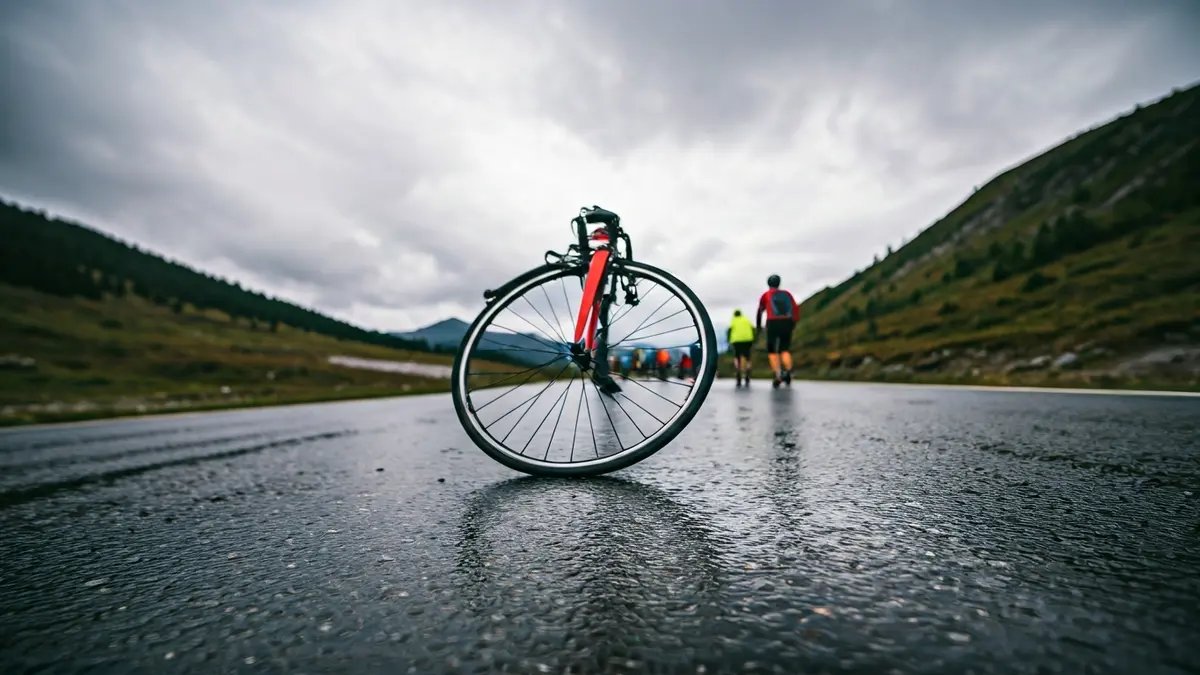 Rueda de bicicleta de carretera sobre asfalto mojado, con un paisaje montañoso borroso de fondo bajo un cielo nublado.