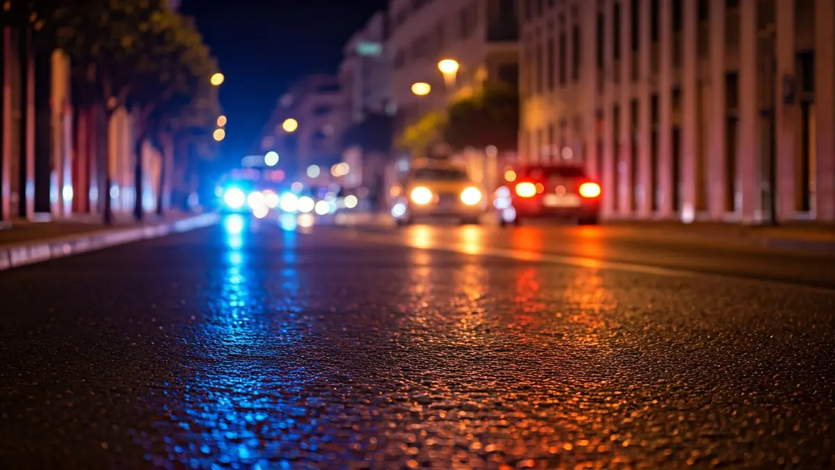 Imagen genérica de luces de emergencia reflejadas en el asfalto mojado por la noche.